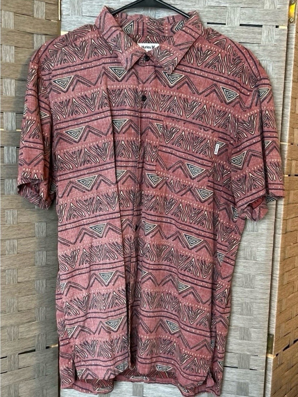Hurley Men's Rust-Red Aztec Print Short Sleeve Button-Up Shirt